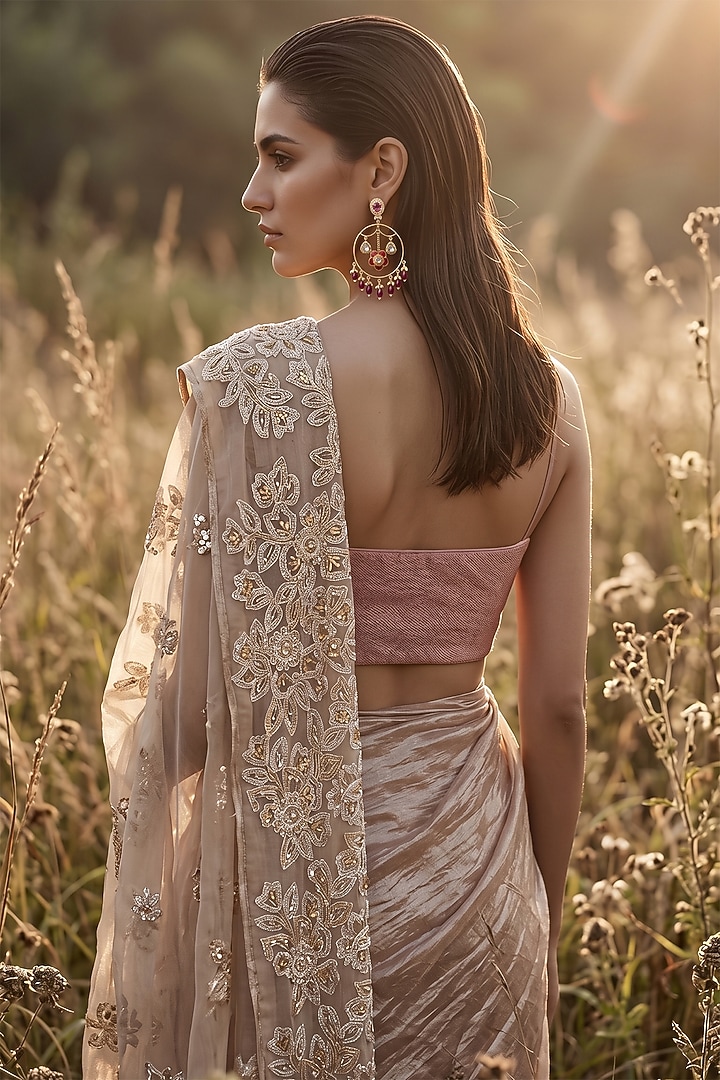 Rose Gold Tissue Cutdana Embroidered Draped Wedding Saree Set by Basanti - Kapde aur Koffee at Pernia's Pop Up Shop