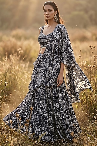 Black Crepe Sequin Embroidered Draped Saree Set by Basanti - Kapde aur Koffee