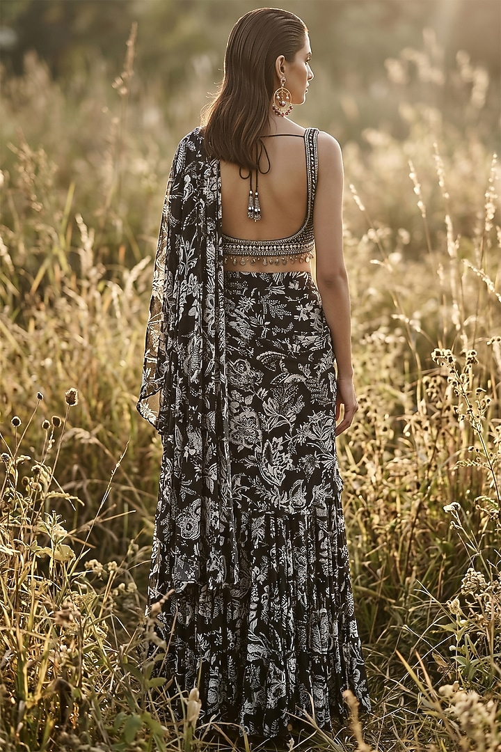 Black Crepe Sequin Embroidered Draped Party Wear Saree Set by Basanti - Kapde aur Koffee at Pernia's Pop Up Shop
