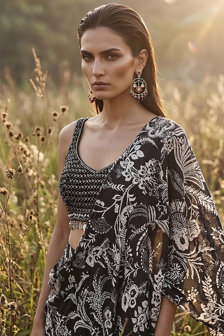 Black Crepe Sequin Embroidered Draped Party Wear Saree Set by Basanti - Kapde aur Koffee at Pernia's Pop Up Shop