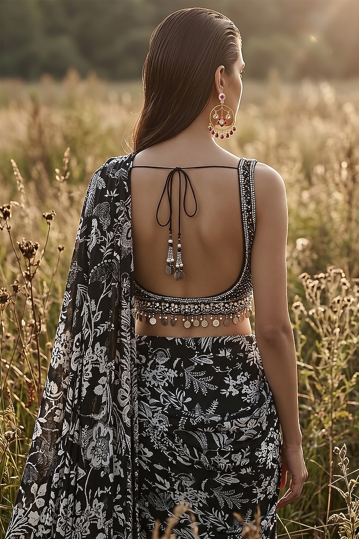 Black Crepe Sequin Embroidered Draped Party Wear Saree Set by Basanti - Kapde aur Koffee at Pernia's Pop Up Shop
