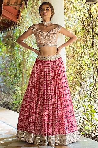 Pink Printed & Embroidered Lehenga Set by Basanti - Kapde aur Koffee