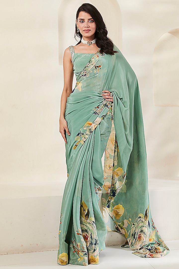 Pista Green Luxe Crepe Printed Saree Set by Basanti - Kapde aur Koffee ...