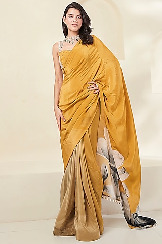 Mustard Luxe Crepe Printed Saree Set by Basanti - Kapde aur Koffee