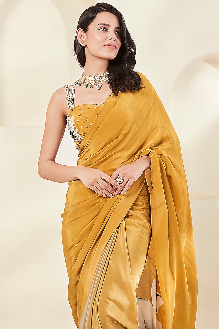 Mustard Luxe Crepe Printed Party Wear Saree Set by Basanti - Kapde aur Koffee at Pernia's Pop Up Shop