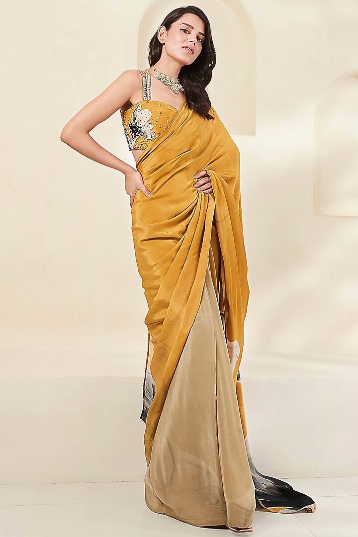 Mustard Luxe Crepe Printed Party Wear Saree Set by Basanti - Kapde aur Koffee at Pernia's Pop Up Shop