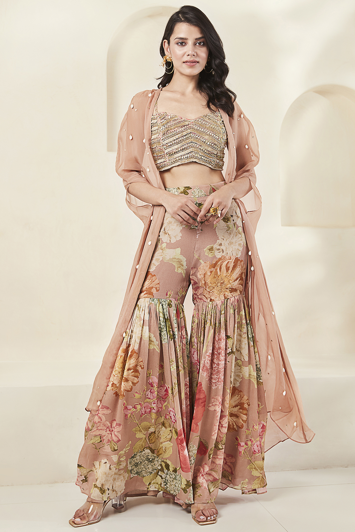 Peach Printed Sharara Set by Basanti - Kapde aur Koffee at Pernia's Pop Up Shop