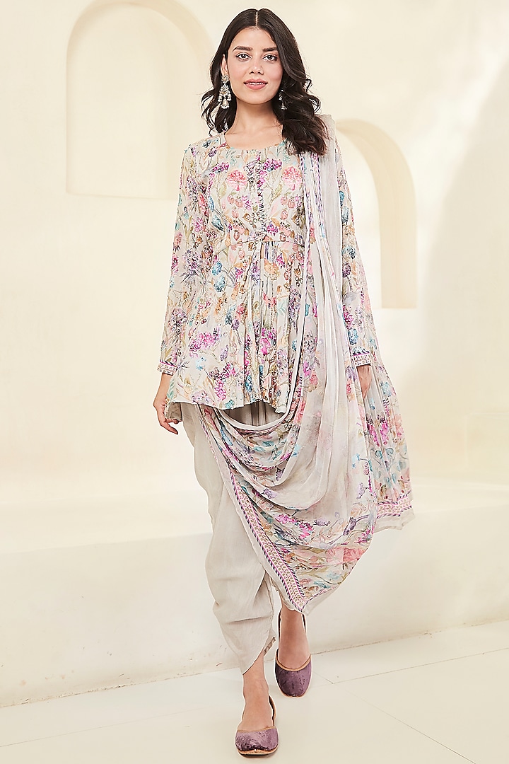 Beige Cotton Silk Printed Peplum Kurta Set by Basanti - Kapde aur Koffee at Pernia's Pop Up Shop