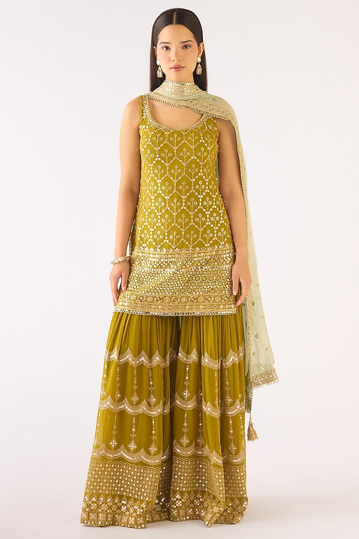 Lime Green Crepe Party Wear Sharara Set by Basanti - Kapde aur Koffee at Pernia's Pop Up Shop