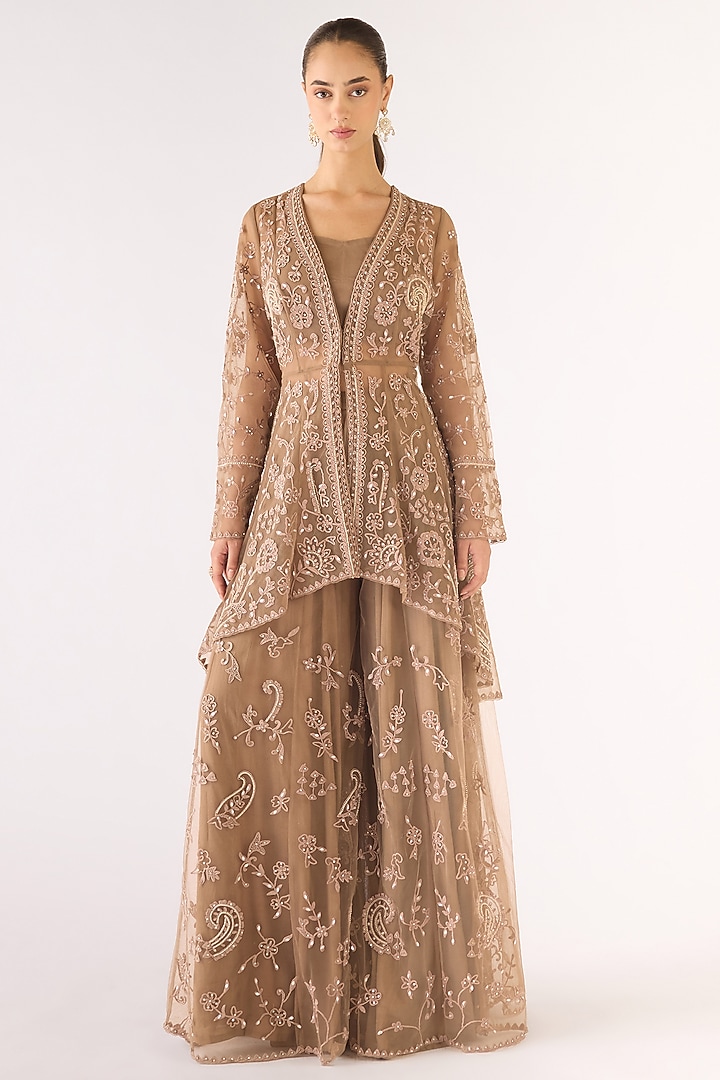 Grey Net Sequins Embroidered Party Wear Sharara Set by Basanti - Kapde aur Koffee at Pernia's Pop Up Shop