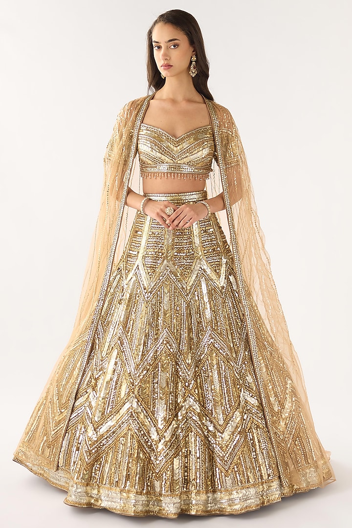 Gold Soft Net Embroidered Bridal Lehenga Set by Basanti - Kapde aur Koffee at Pernia's Pop Up Shop