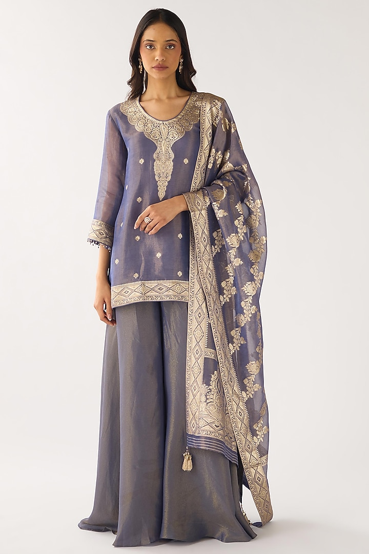 Denim Blue Banarasi Embellished Sharara Set by Basanti - Kapde aur Koffee at Pernia's Pop Up Shop