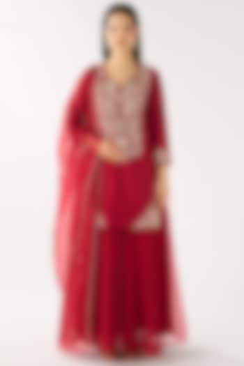 Red Chanderi Embellished Party Wear Sharara Set by Basanti - Kapde aur Koffee at Pernia's Pop Up Shop