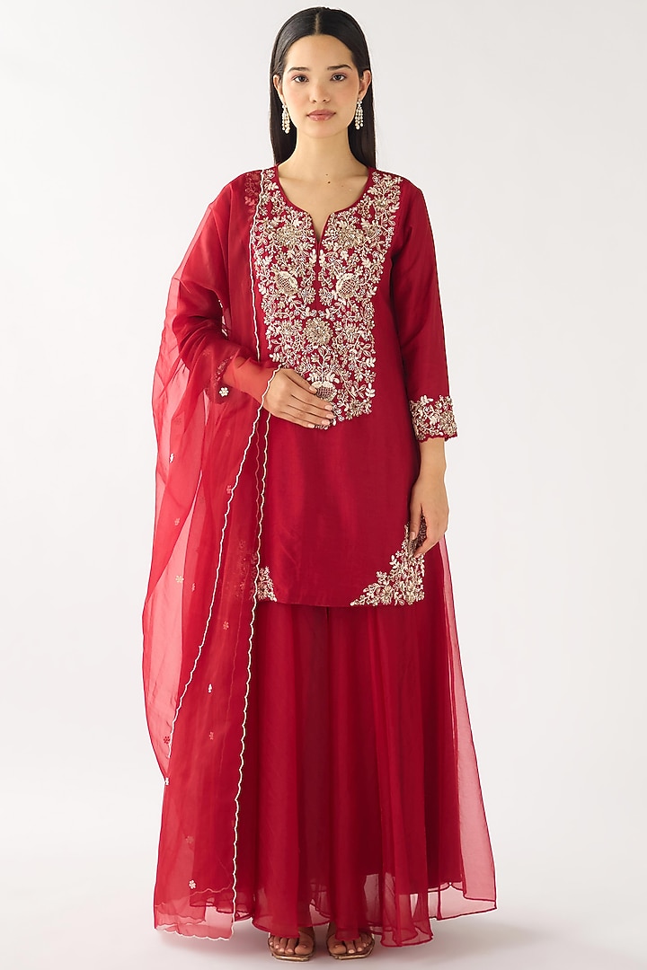 Red Chanderi Embellished Party Wear Sharara Set by Basanti - Kapde aur Koffee at Pernia's Pop Up Shop