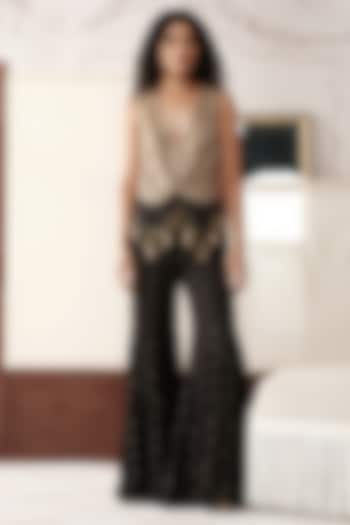 Black Satin Crepe Sequins Embroidered Party Wear Sharara Set by Basanti - Kapde aur Koffee at Pernia's Pop Up Shop