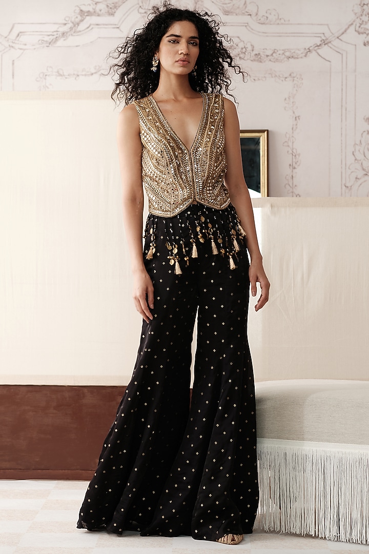 Black Satin Crepe Sequins Embroidered Party Wear Sharara Set by Basanti - Kapde aur Koffee at Pernia's Pop Up Shop