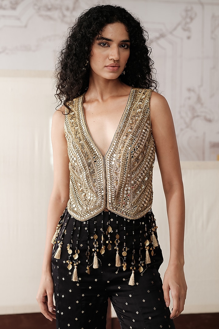 Black Satin Crepe Sequins Embroidered Party Wear Sharara Set by Basanti - Kapde aur Koffee at Pernia's Pop Up Shop
