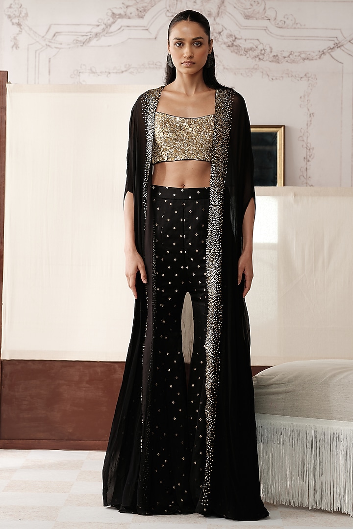 Black Organza Sequins Embroidered Cape Set by Basanti - Kapde aur Koffee at Pernia's Pop Up Shop