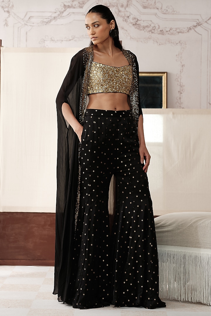 Black Organza Sequins Embroidered Cape Set by Basanti - Kapde aur Koffee at Pernia's Pop Up Shop