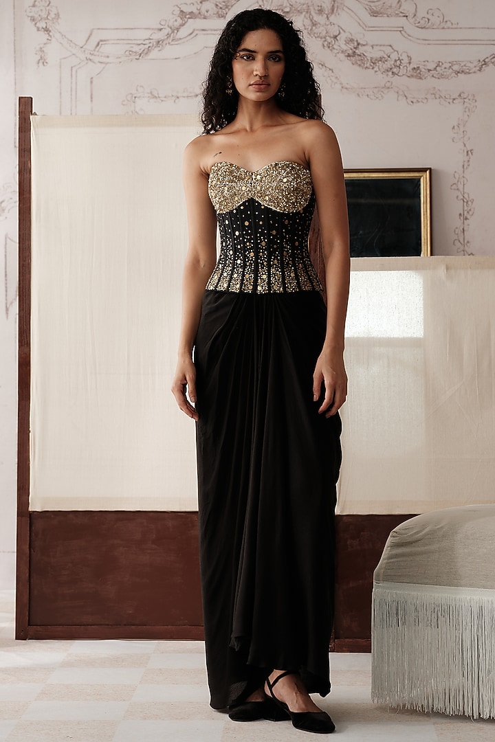 Black Georgette Draped Skirt Set by Basanti - Kapde aur Koffee at Pernia's Pop Up Shop