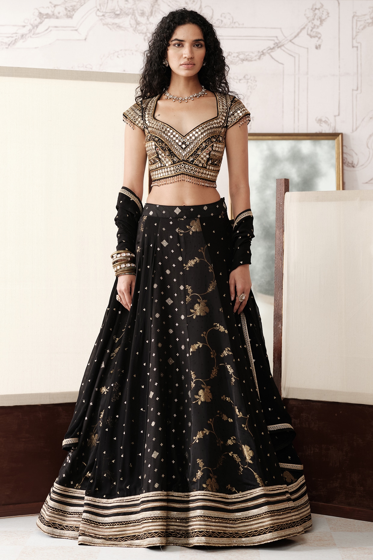 Basanti - Kapde aur Koffee Black Banarasi Silk Gota Lace Embroidered Lehenga Set