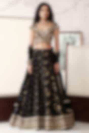 Black Banarasi Silk Gota Lace Embroidered Wedding Lehenga Set by Basanti - Kapde aur Koffee at Pernia's Pop Up Shop