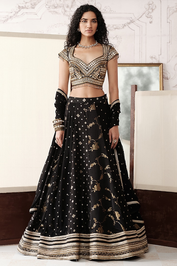 Black Banarasi Silk Gota Lace Embroidered Wedding Lehenga Set by Basanti - Kapde aur Koffee at Pernia's Pop Up Shop