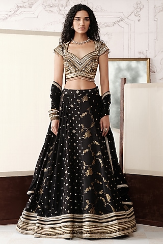 Black Banarasi Silk Gota Lace Embroidered Lehenga Set by Basanti - Kapde aur Koffee