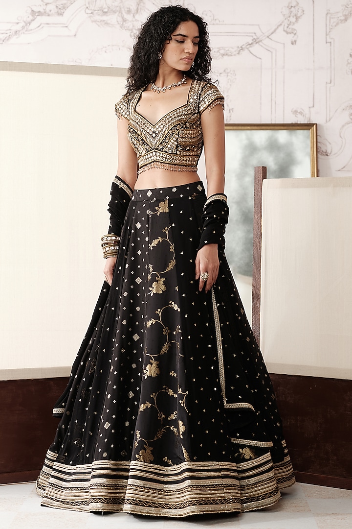 Black Banarasi Silk Gota Lace Embroidered Wedding Lehenga Set by Basanti - Kapde aur Koffee at Pernia's Pop Up Shop