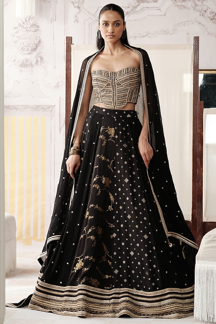 Black Banarasi Silk Gota Lace Embroidered Wedding Lehenga Set by Basanti - Kapde aur Koffee at Pernia's Pop Up Shop