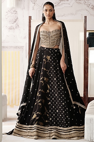 Black Banarasi Silk Gota Lace Embroidered Lehenga Set by Basanti - Kapde aur Koffee