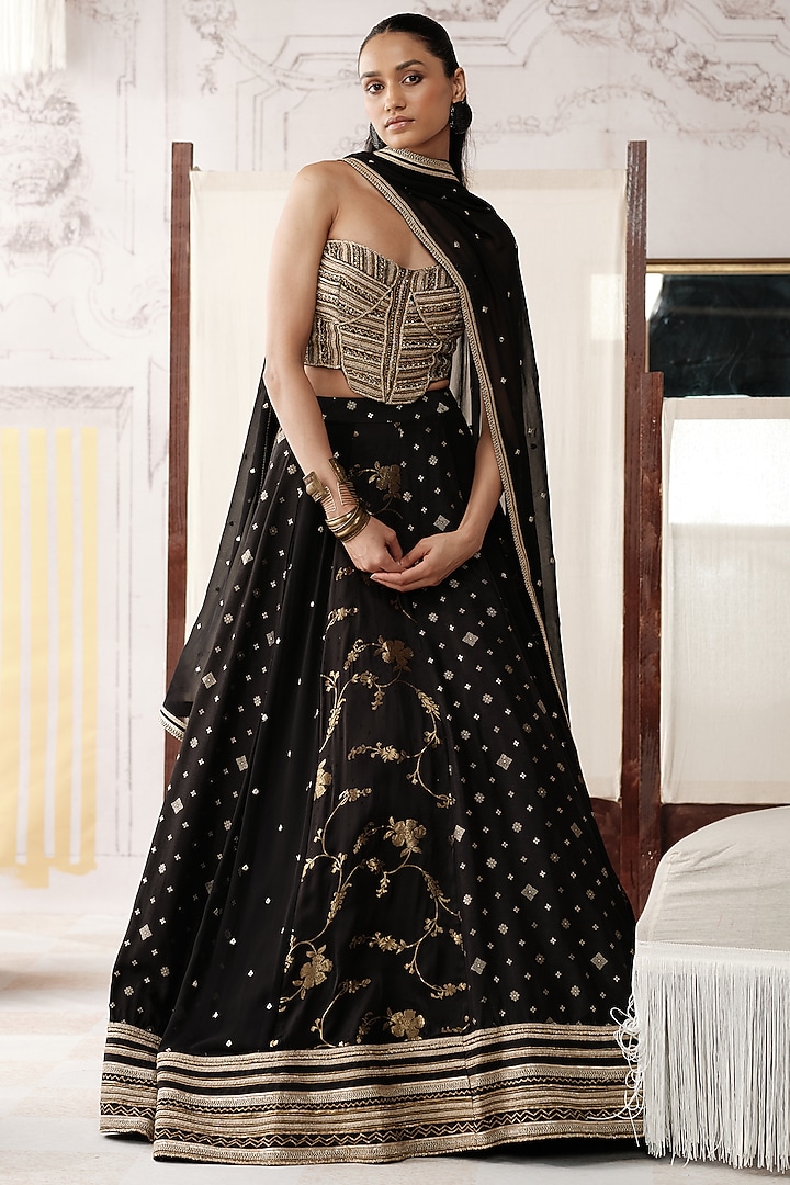Black Banarasi Silk Gota Lace Embroidered Wedding Lehenga Set by Basanti - Kapde aur Koffee at Pernia's Pop Up Shop