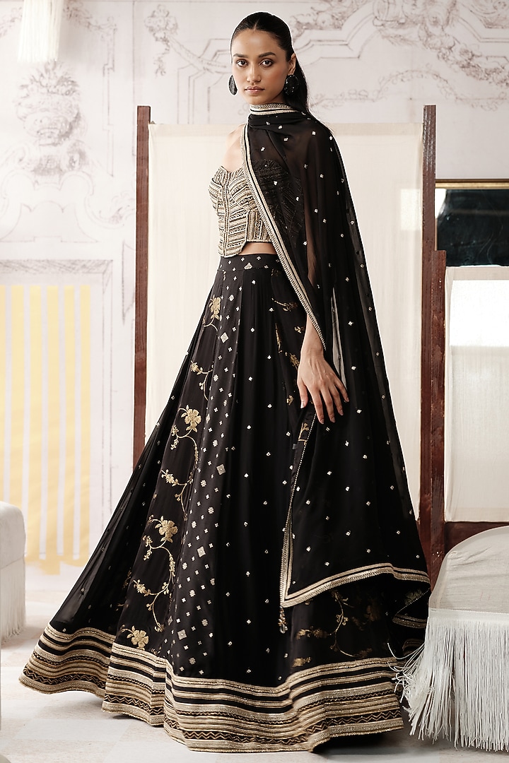 Black Banarasi Silk Gota Lace Embroidered Wedding Lehenga Set by Basanti - Kapde aur Koffee at Pernia's Pop Up Shop