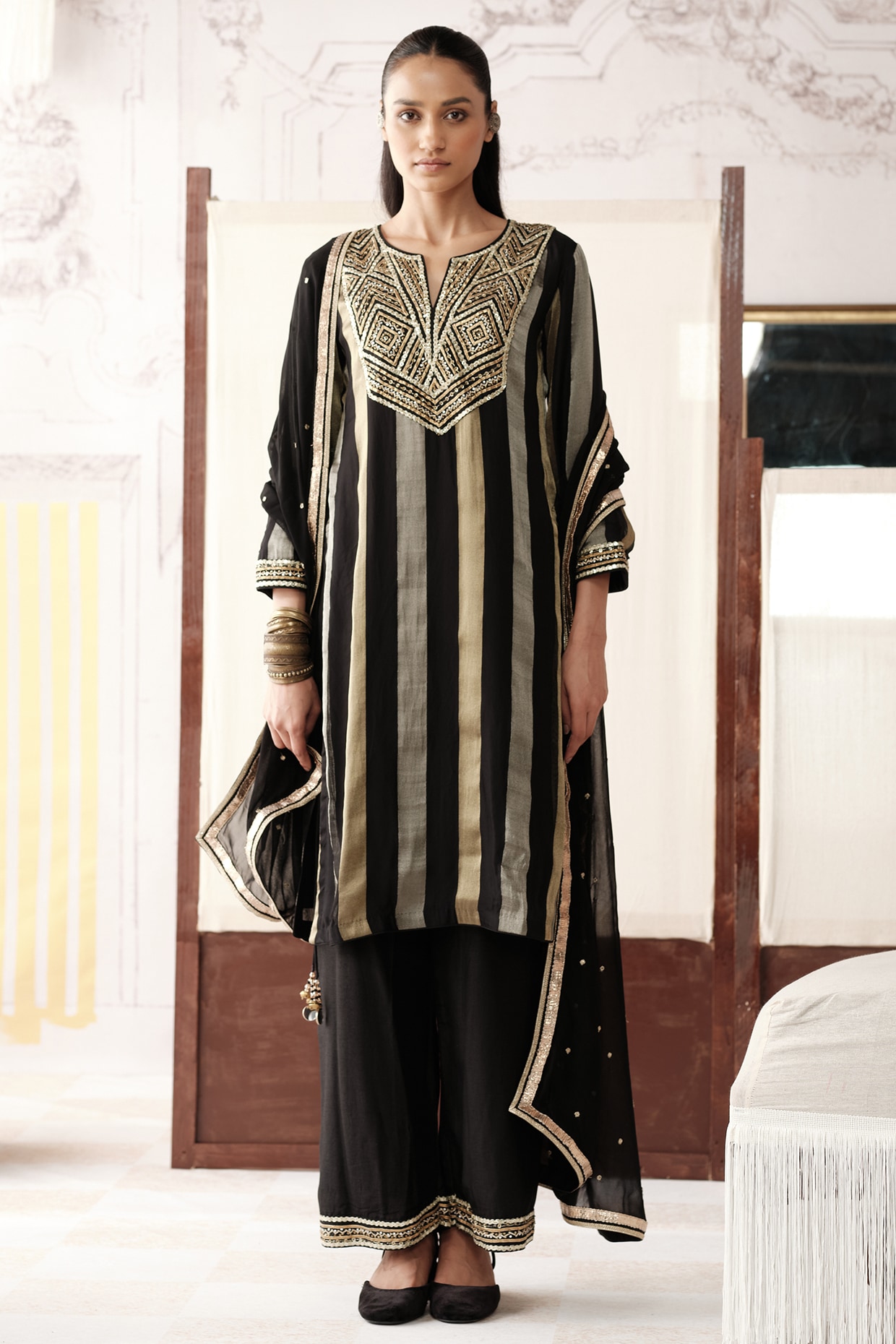 Basanti - Kapde aur Koffee Black Striped Tissue Gota Lace Embroidered Kurta Set