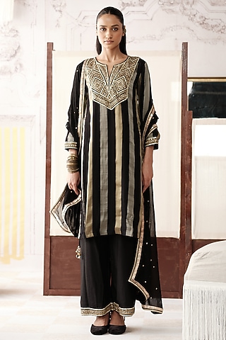 Black Striped Tissue Gota Lace Embroidered Kurta Set by Basanti - Kapde aur Koffee