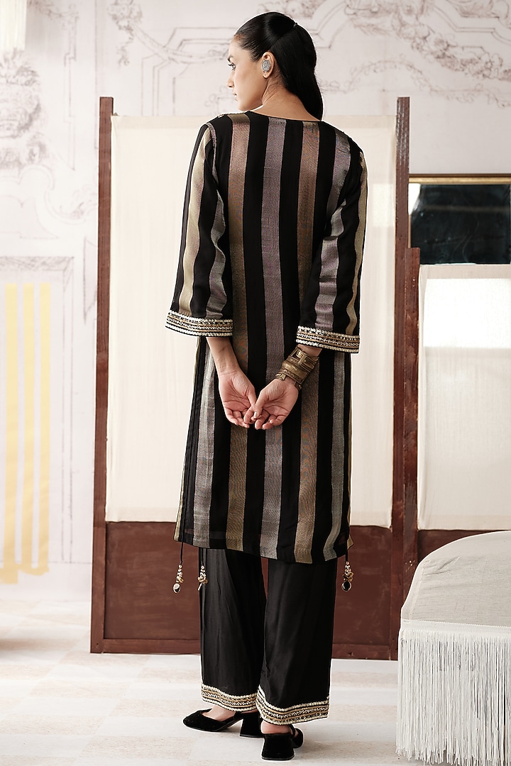 Black Striped Tissue Gota Lace Embroidered Kurta Set by Basanti - Kapde aur Koffee at Pernia's Pop Up Shop
