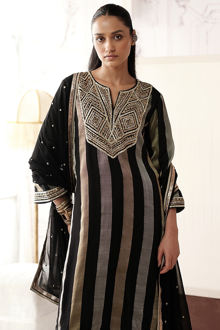 Black Striped Tissue Gota Lace Embroidered Kurta Set by Basanti - Kapde aur Koffee at Pernia's Pop Up Shop