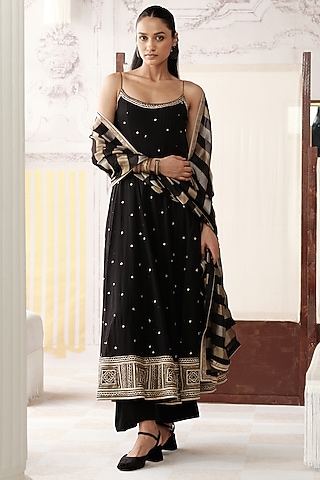 Black Viscose Georgette Gota Lace Embroidered Anarkali Set by Basanti - Kapde aur Koffee
