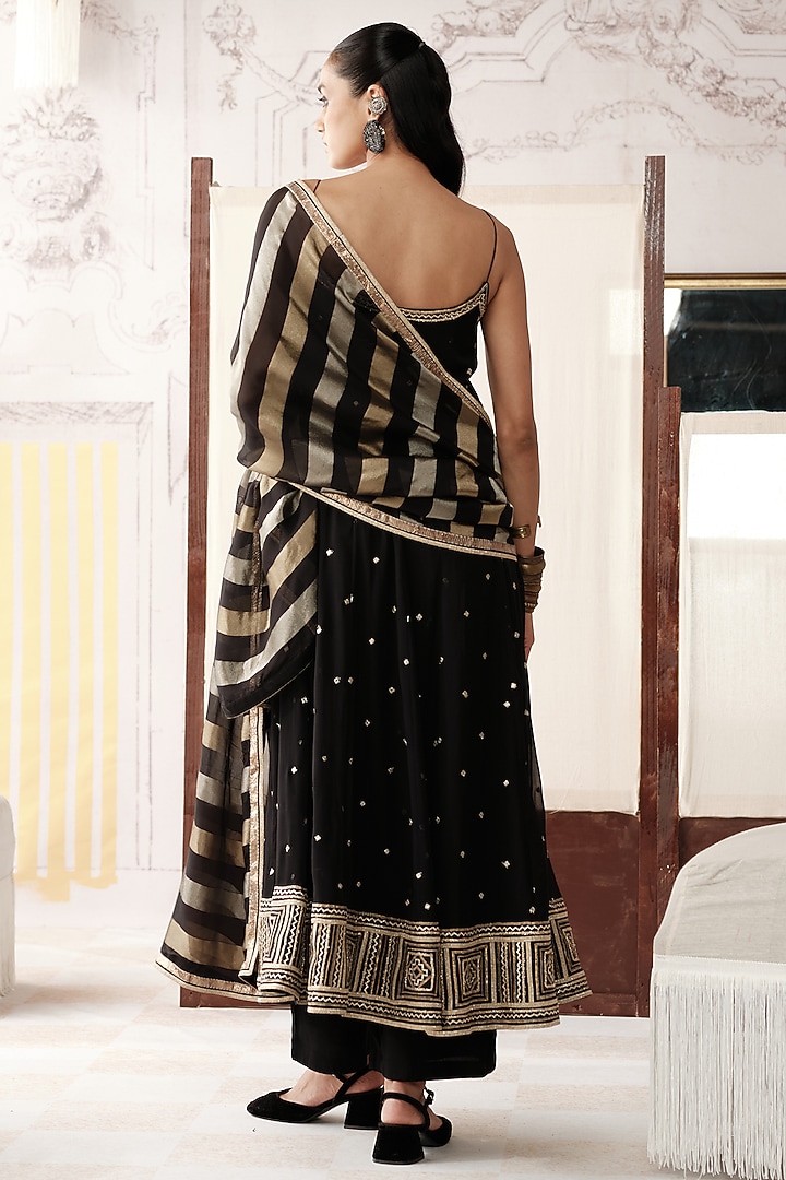 Black Viscose Georgette Gota Lace Embroidered Party Wear Anarkali Set by Basanti - Kapde aur Koffee at Pernia's Pop Up Shop