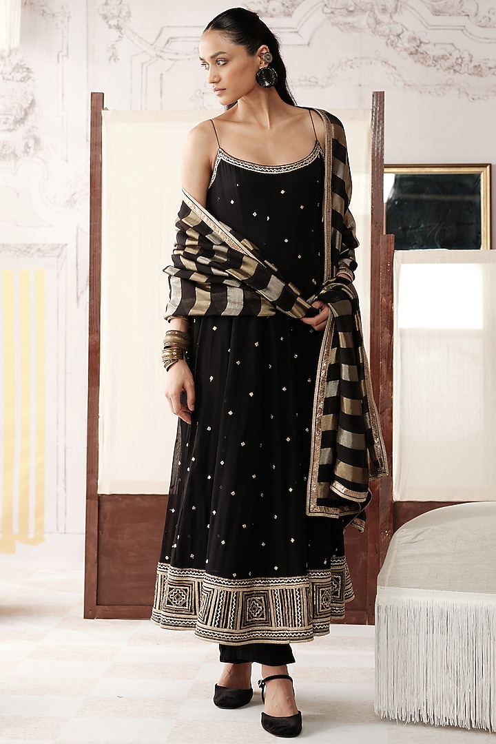 Black Viscose Georgette Gota Lace Embroidered Party Wear Anarkali Set by Basanti - Kapde aur Koffee at Pernia's Pop Up Shop