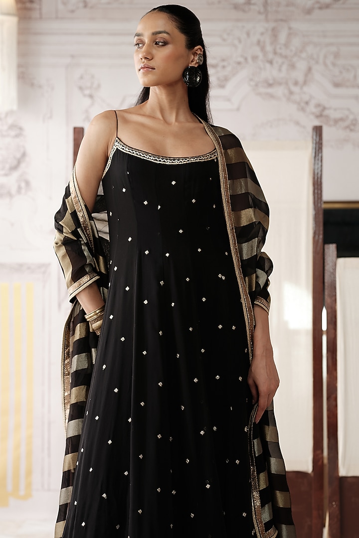 Black Viscose Georgette Gota Lace Embroidered Party Wear Anarkali Set by Basanti - Kapde aur Koffee at Pernia's Pop Up Shop
