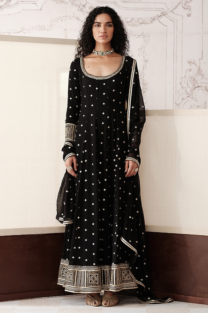 Black Viscose Georgette Sequins Embroidered Party Wear Anarkali Set by Basanti - Kapde aur Koffee at Pernia's Pop Up Shop