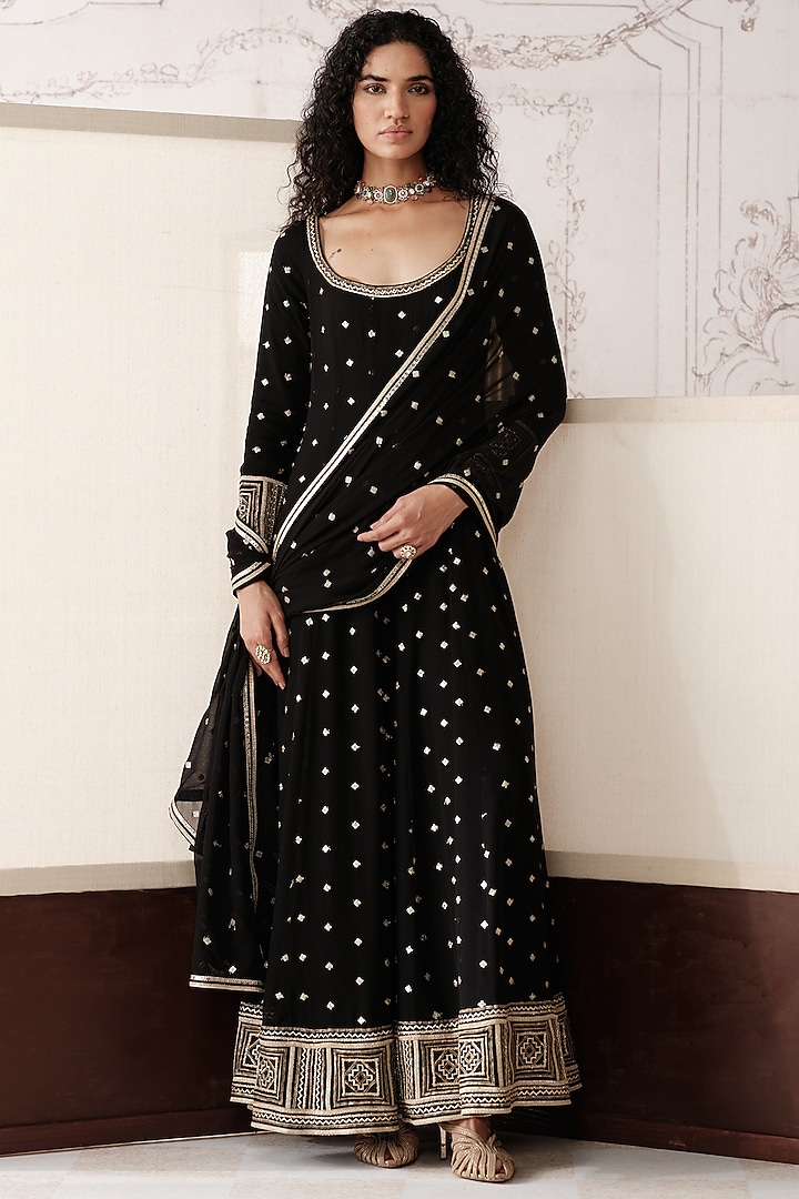 Black Viscose Georgette Sequins Embroidered Party Wear Anarkali Set by Basanti - Kapde aur Koffee at Pernia's Pop Up Shop