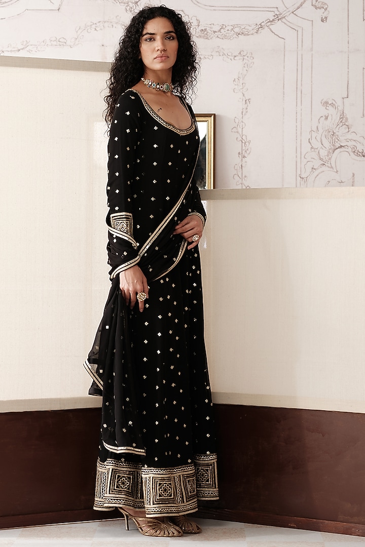 Black Viscose Georgette Sequins Embroidered Party Wear Anarkali Set by Basanti - Kapde aur Koffee at Pernia's Pop Up Shop