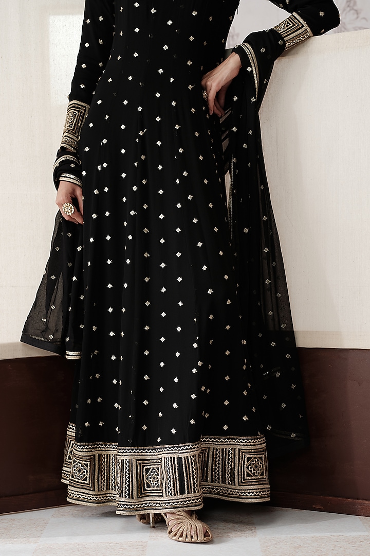 Black Viscose Georgette Sequins Embroidered Party Wear Anarkali Set by Basanti - Kapde aur Koffee at Pernia's Pop Up Shop