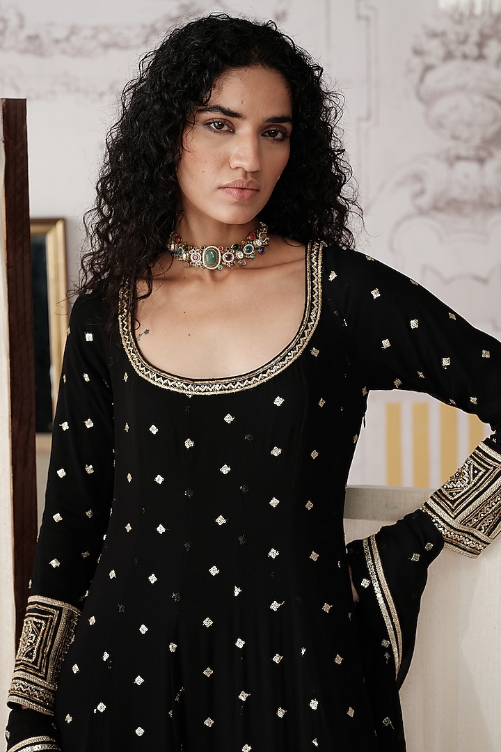 Black Viscose Georgette Sequins Embroidered Party Wear Anarkali Set by Basanti - Kapde aur Koffee at Pernia's Pop Up Shop
