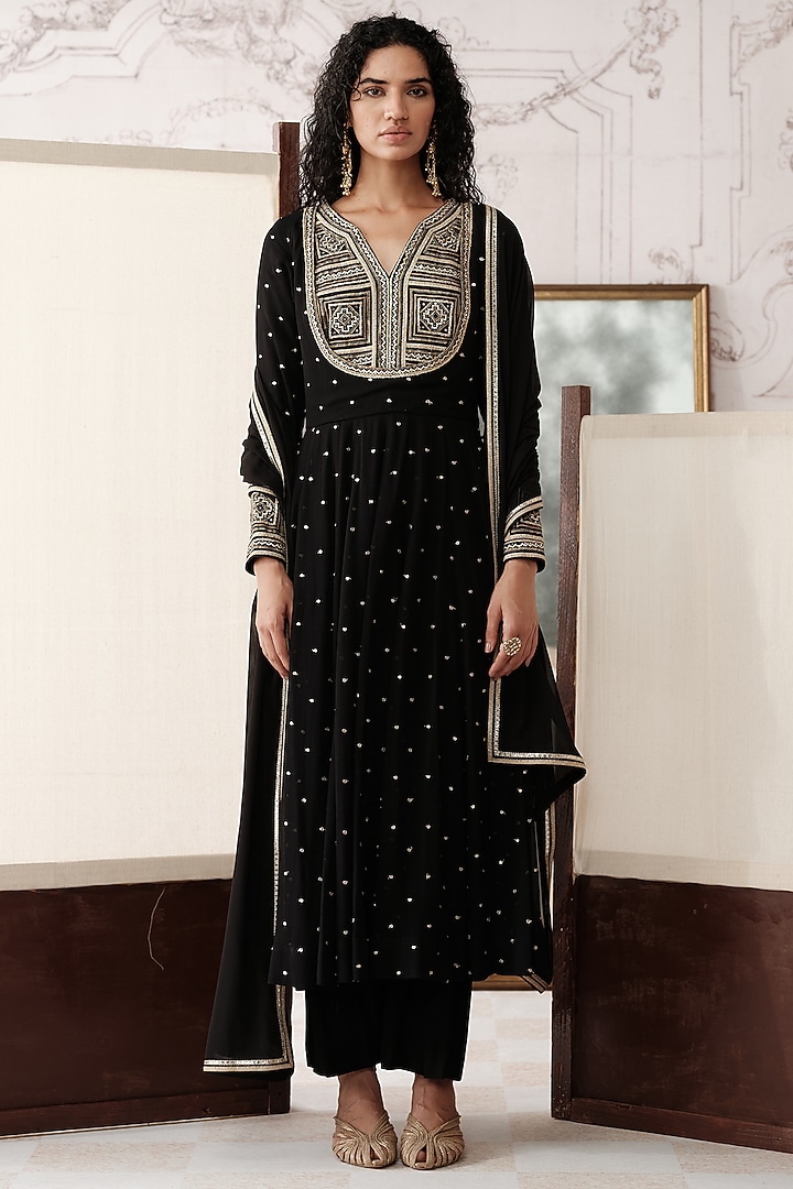 Black Viscose Georgette Sequins Embroidered Party Wear Anarkali Set by Basanti - Kapde aur Koffee at Pernia's Pop Up Shop