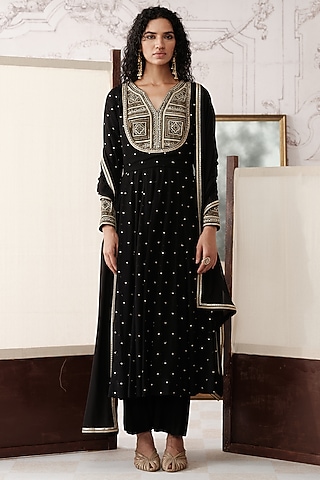 Black Viscose Georgette Sequins Embroidered Anarkali Set by Basanti - Kapde aur Koffee