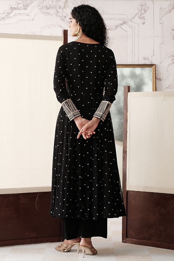 Black Viscose Georgette Sequins Embroidered Party Wear Anarkali Set by Basanti - Kapde aur Koffee at Pernia's Pop Up Shop
