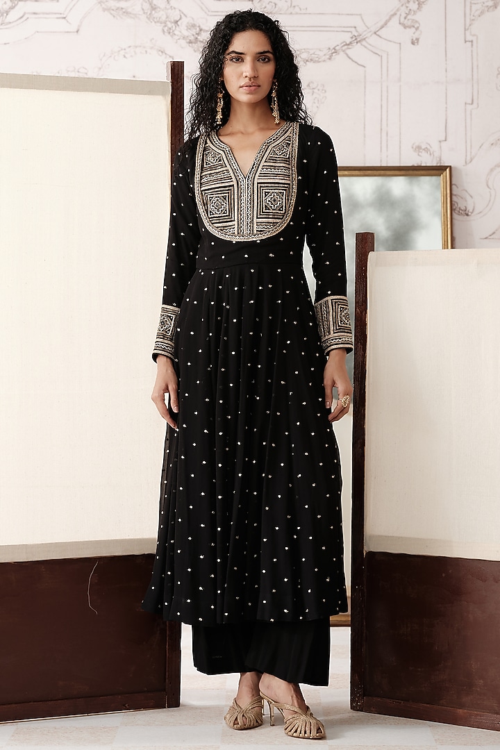Black Viscose Georgette Sequins Embroidered Party Wear Anarkali Set by Basanti - Kapde aur Koffee at Pernia's Pop Up Shop